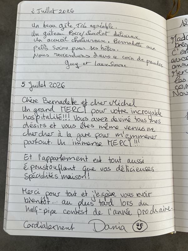 Avis manuscrit laissé par Guy et Laure-Simone, Dania — juillet 2026