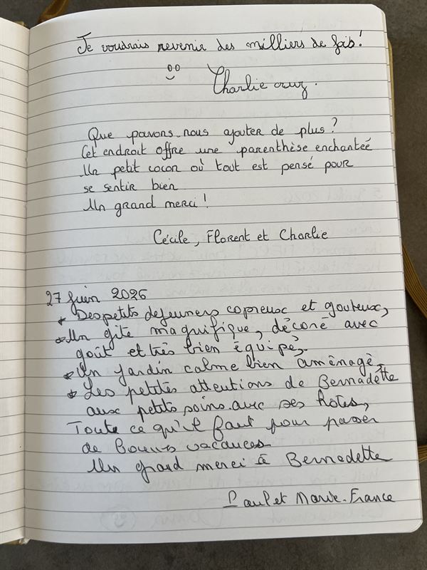 Avis manuscrit laissé par Cécile, Florent et Charlie, Paul et Marie-France — juin 2026