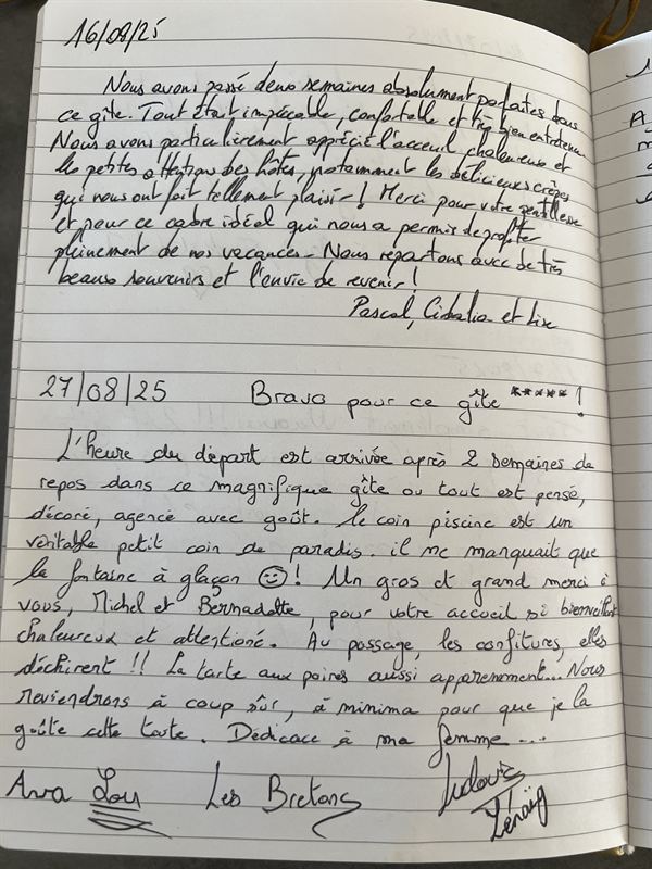 Avis manuscrit laissé par Pascal et Lise, Les Bretons — août 2025